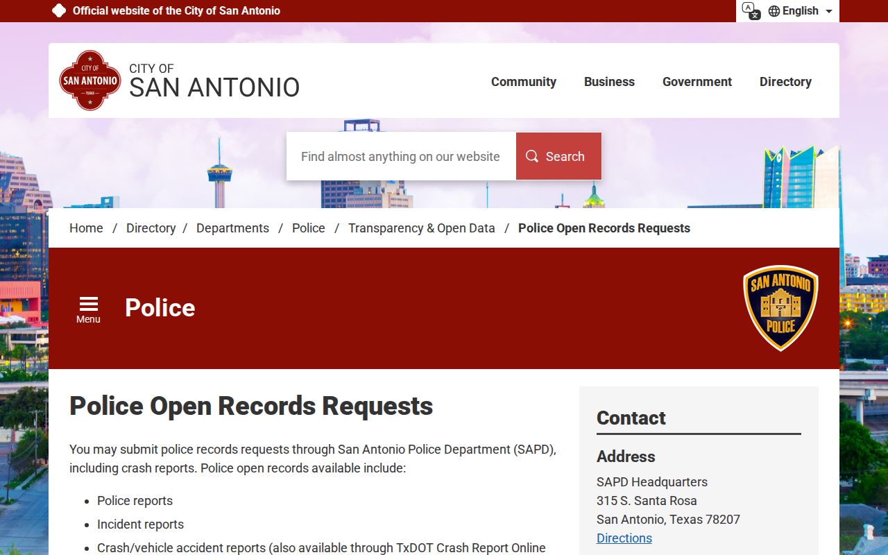 San Antonio Police Department open records request page for arrest records