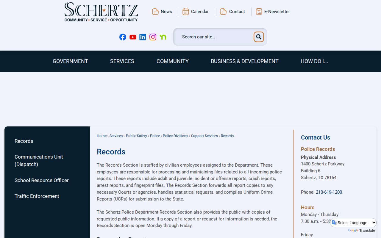 Schertz Police records request page for arrest and incident records